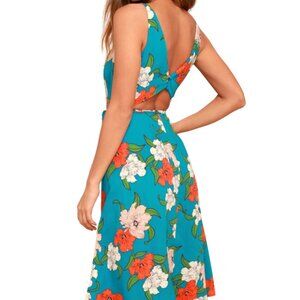 Lulus Country Club Teal Blue Floral Print Wrap Midi Dress Size S NWT